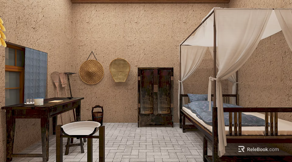 Traditional Vintage Interior With Earthen Walls Bamboo Woven Items Old Wooden Cabinet And Canopy Bed 3d model 