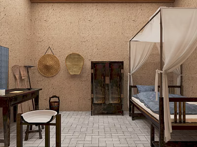 Traditional Vintage Interior With Earthen Walls Bamboo Woven Items Old Wooden Cabinet And Canopy Bed 3d model