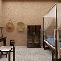 Traditional Vintage Interior With Earthen Walls Bamboo Woven Items Old Wooden Cabinet And Canopy Bed
