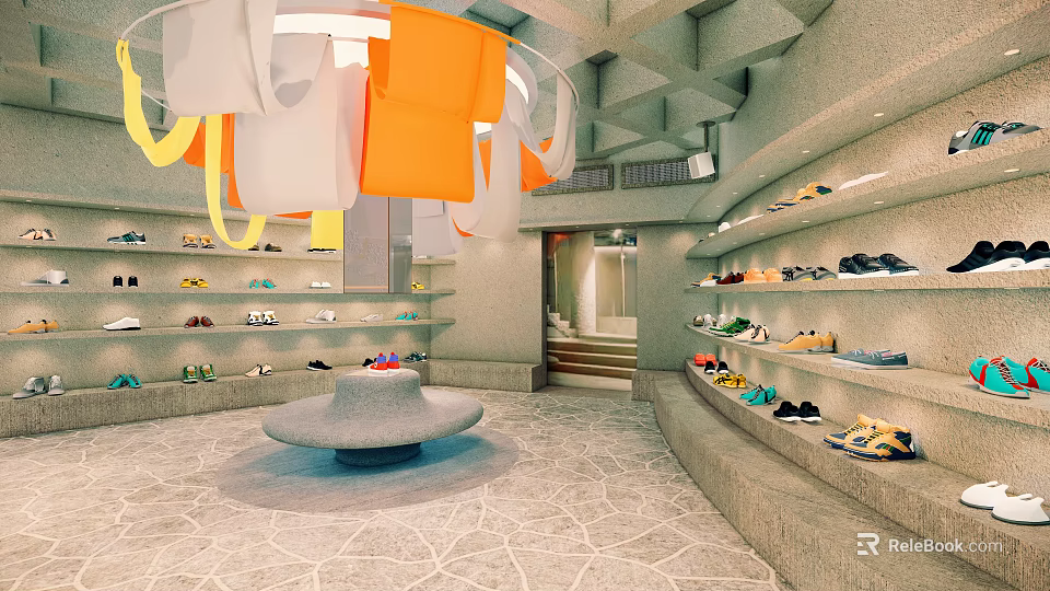 Modern Fashion and Shoe Retail Store With Colorful Hanging Clothes And Shoe Shelves 3d model 