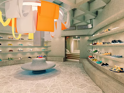 Modern Fashion and Shoe Retail Store With Colorful Hanging Clothes And Shoe Shelves 3d model