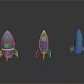 Copper Purple Blue Space Rocket Models With Shiny Surface On Gray Background