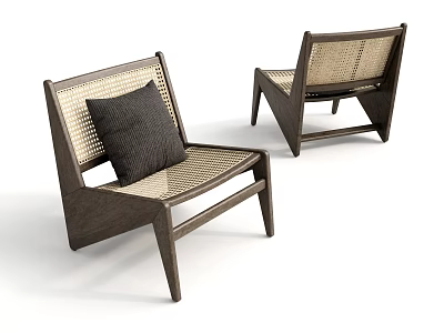Modern Wooden Frame Accent Chairs With Woven Seat Backrest And Dark Cushion 3d model