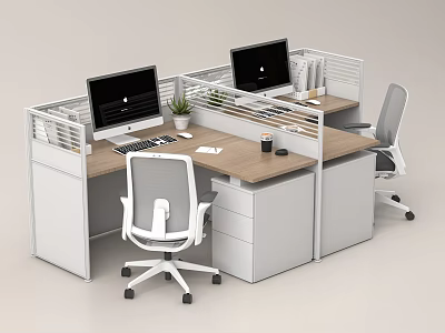 Modern Office Desk Workstation With Dual Monitors Partition Ergonomic Chairs And Office Supplies 3d model