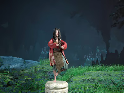 Game Character In Red Outfit Stands On Stone Pedestal With Green Grass Rocks Cave Background 3d model