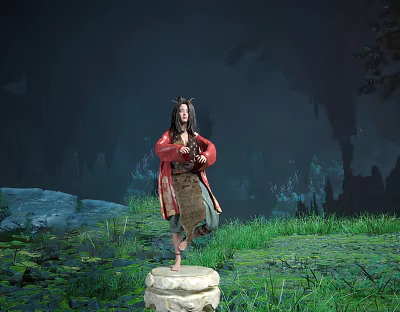 Game Character In Red Outfit Stands On Stone Pedestal With Green Grass Rocks Cave Background 3d model