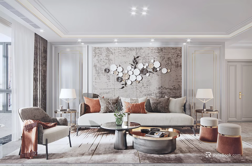 Modern Living Room Interior With Sofa Pillows Coffee Table And Decorative Wall 3d model