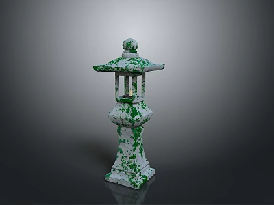 Traditional Japanese Stone Lantern Covered In Green Moss With Classic Structure 3d model