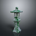 Traditional Japanese Stone Lantern Covered In Green Moss With Classic Structure