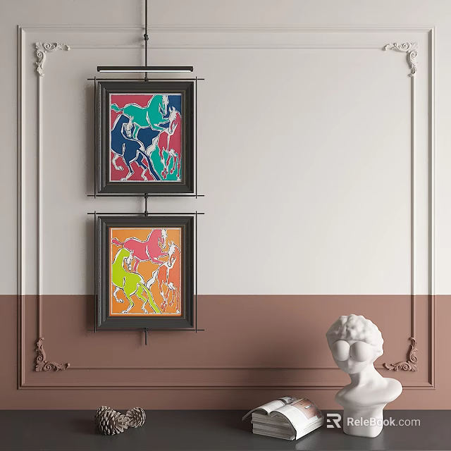 Botanical Paintings Framed Artwork Hung On Wall With Sculpture And Decorative Interior 3d model 