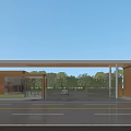 Modern Entrance Gate Design With Metal Structure Surrounding Buildings Trees And Road