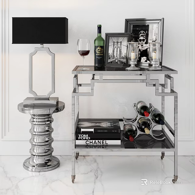 Silver Metal Storage Shelf Displaying Bottles Books And Decorative Items In Modern Interior 3d model 