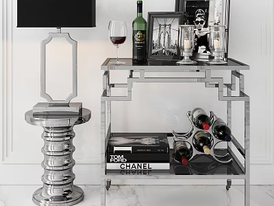 Silver Metal Storage Shelf Displaying Bottles Books And Decorative Items In Modern Interior 3d model