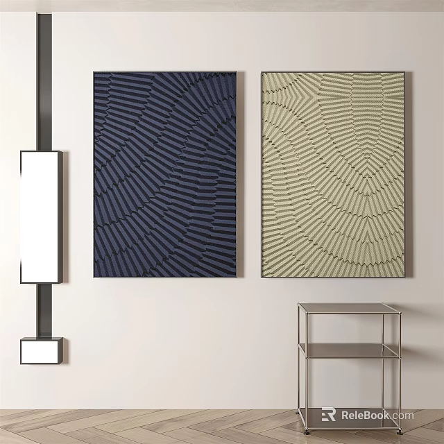 Two Abstract Pattern Wall Artworks With White Rectangular Mirror And Metal Frame Side Table 3d model