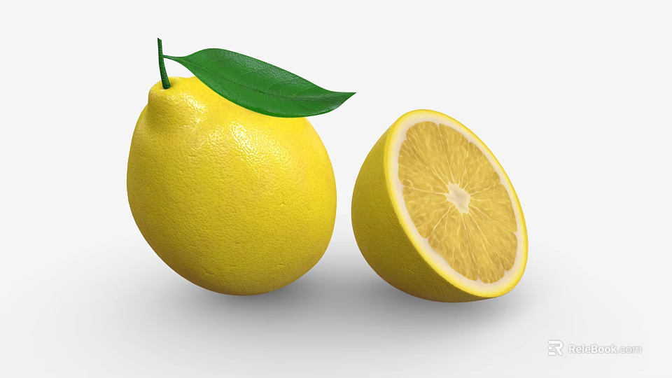 Fresh Yellow Whole Lemon With Green Leaf And Half Sliced Lemon 3d model 