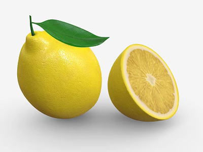 Fresh Yellow Whole Lemon With Green Leaf And Half Sliced Lemon 3d model