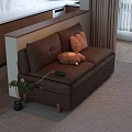 Brown Leather Double Sofa with Orange Pillow Plush Toy Charging Port and Wooden Legs