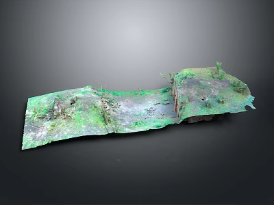 Detailed 3D Terrain Model With Green Vegetation Ground Texture And Small Structures 3d model