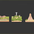 3D Scene Components with Island Terrain Statue Structure Pyramid Models And Green Trees 3d model