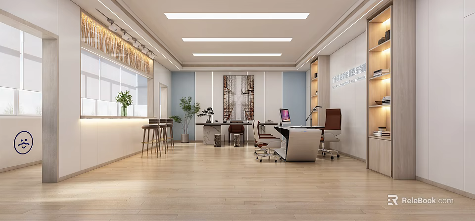 Modern Office Interior With Open Space Wooden Flooring Work Desks Plants And Bookshelves 3d model 