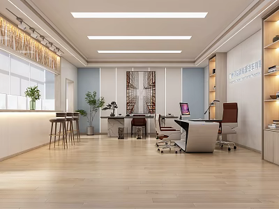 Modern Office Interior With Open Space Wooden Flooring Work Desks Plants And Bookshelves 3d model