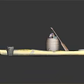 Outdoor Yellow Kayak Setup With Wooden Barrel Small Red Flag Cup And Two Paddles