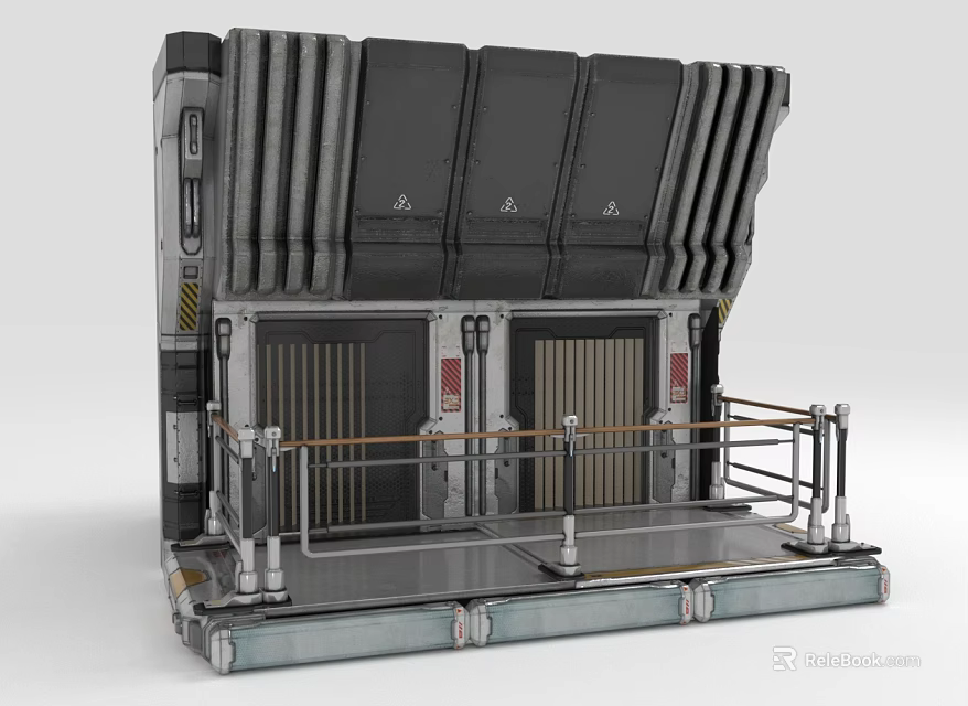 Cartoon Scene With Futuristic Metal Structure Double Doors Platform Railings And Industrial Elements 3d model 