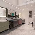 Modern Mall Store Interior With Reception Desk Black Pillar Marble Floor And Display Shelves
