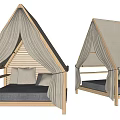 Indoor Wooden Frame Tent Bed With Canvas Canopy And Gray Mattress Pillow