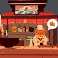 Cartoon Japanese Food Stall Scene With Red Roof Chef Hanging Lanterns Cloud Pattern And Signboard