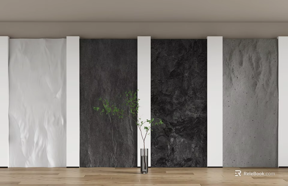 Background Wall With Dark Marble Light Textured Sides White Vertical Strips Green Plant Wooden Floor 3d model 