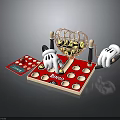 Bingo Game Setup With Cage Numbered Balls Red Board Card And Gloves