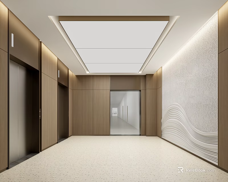 Modern Elevator Lobby With Wooden Panels And Textured Wall 3d model