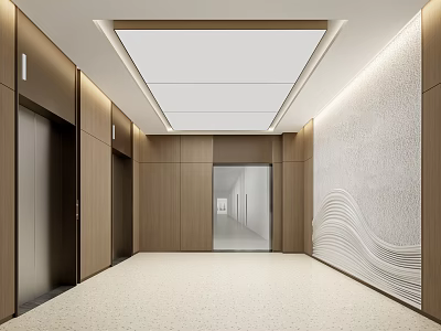 Modern Elevator Lobby With Wooden Panels And Textured Wall 3d model