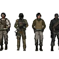 Group of Military Soldiers Holding Rifles With Different Camouflage Uniforms And Tactical Gear