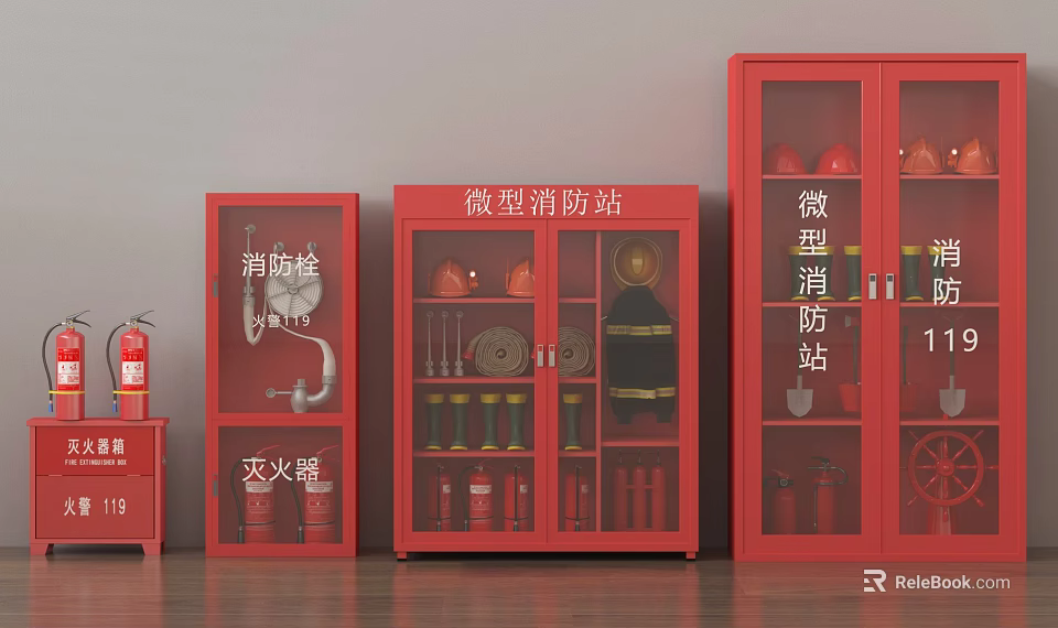 Essential Fire Fighting Equipment Setup with Mini Fire Station Red Cabinets Hydrant Extinguishers Helmets Suits 3d model