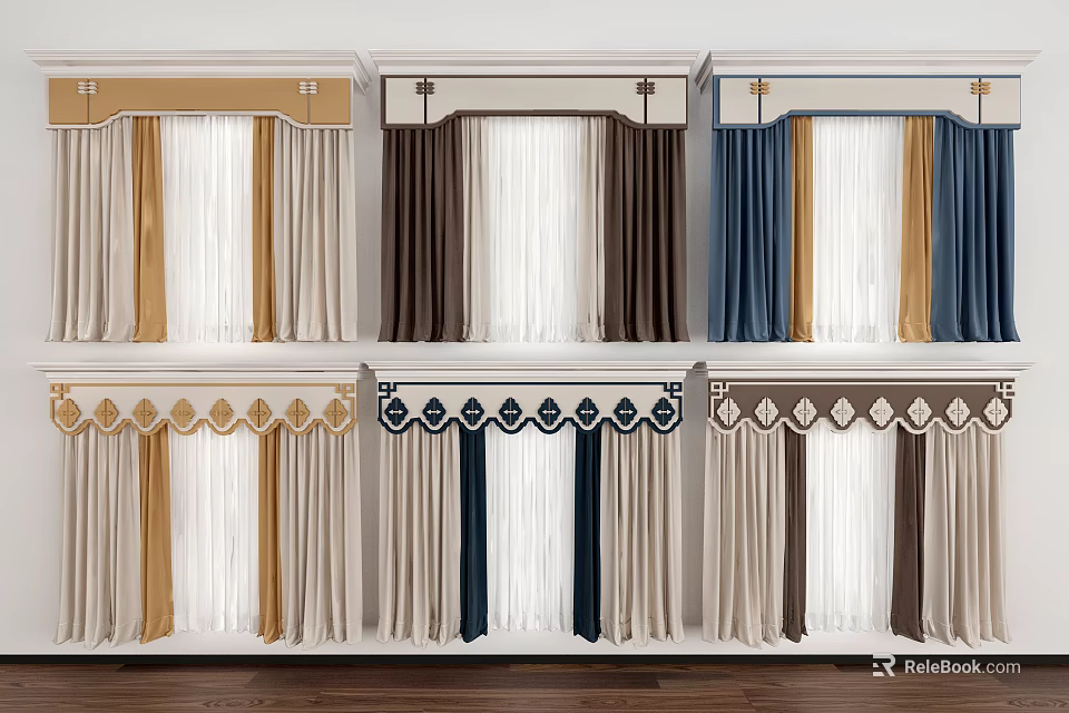 Stylish Window Curtains In Various Colors With Decorative Top Designs For Home Interior 3d model 