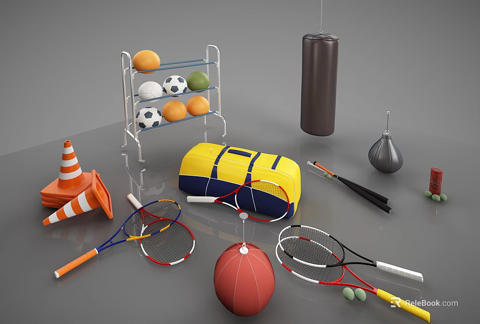 Assorted Sports Equipment Collection with Ball Rack Racket Bag Cones Punching Bag and Dumbbells 3d model 