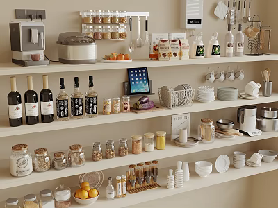 Neatly Arranged Spice Jars On Kitchen Shelves With Various Spices And Oranges 3d model