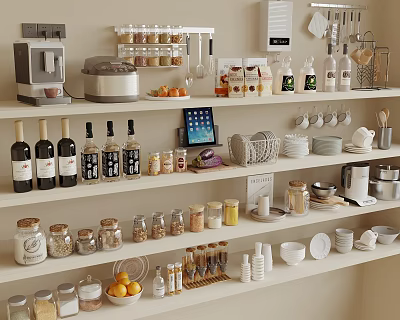 Neatly Arranged Spice Jars On Kitchen Shelves With Various Spices And Oranges 3d model