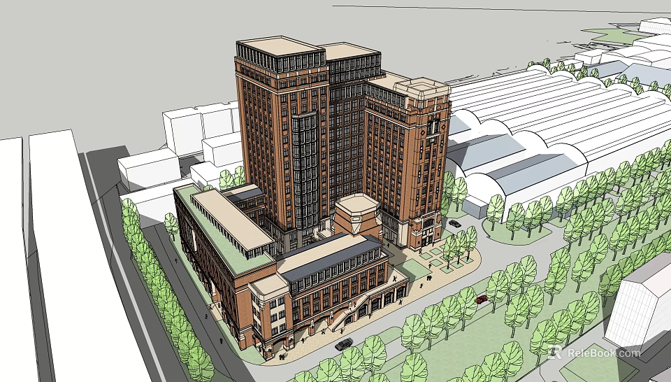 Urban Multi Story Building Complex With Brown Exterior And Surrounding Greenery Trees 3d model 