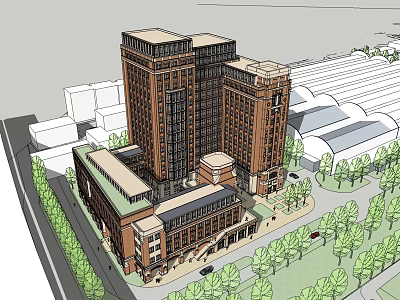 Urban Multi Story Building Complex With Brown Exterior And Surrounding Greenery Trees 3d model