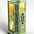 Decorative Green Side Table Featuring Ornate Carvings and Stained Glass Panel