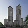Modern Office Buildings With Glass Curtain Walls Geometric Design Urban Setting Green Trees
