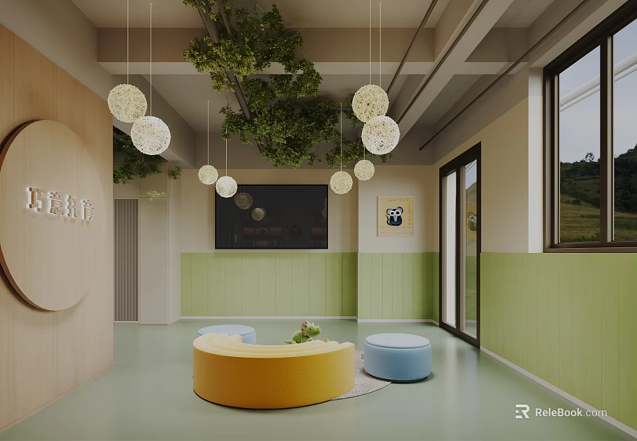 Kindergarten Interior With Hanging Green Plants Spherical Pendant Lights And Colorful Seating 3d model 