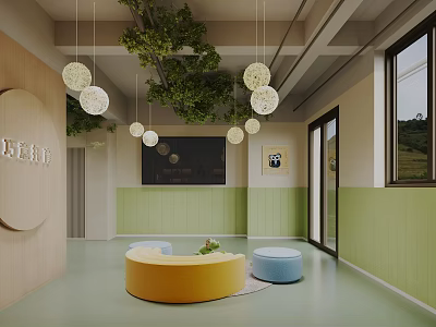 Kindergarten Interior With Hanging Green Plants Spherical Pendant Lights And Colorful Seating 3d model