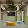 Kindergarten Interior With Hanging Green Plants Spherical Pendant Lights And Colorful Seating