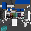 Modern Hotel Public Lounge Area Interior With Blue Ceiling Lights And Comfortable Seating Furniture