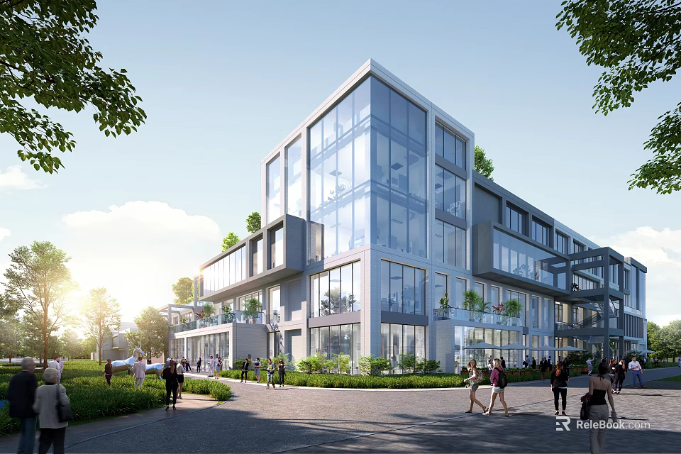 Modern Commercial Street With Glass Curtain Wall Greenery And Pedestrians In Open Space 3d model 