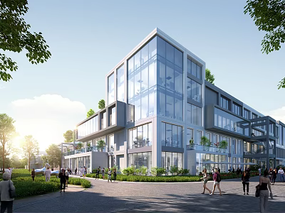 Modern Commercial Street With Glass Curtain Wall Greenery And Pedestrians In Open Space 3d model
